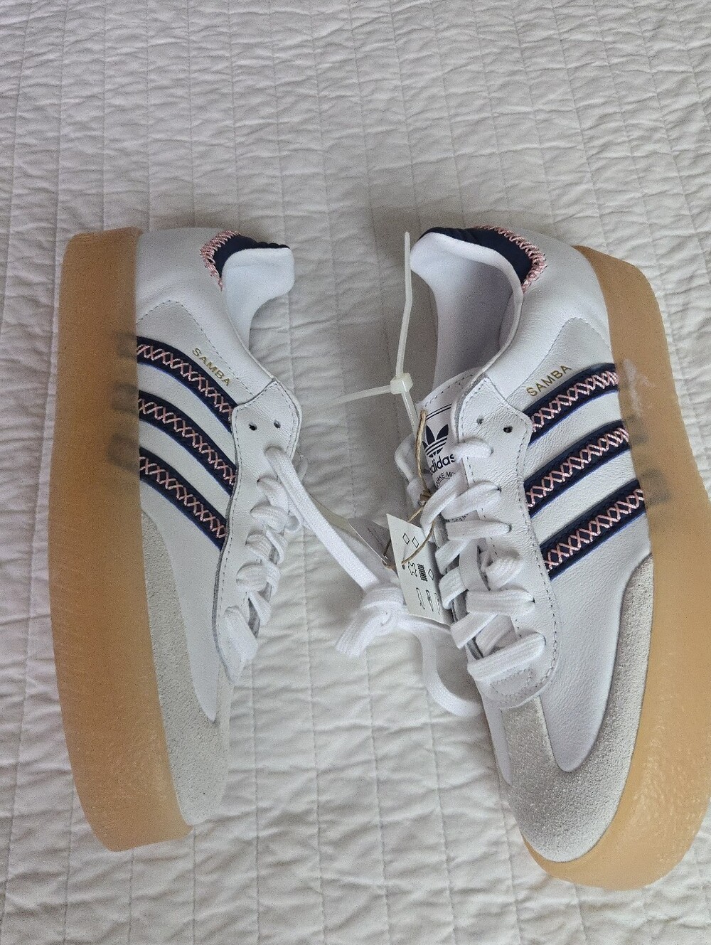 Adidas Samba Sambae Women 7.5 White Navy Bkue Stitch Leather Suede 0926 - Picture 3 of 9